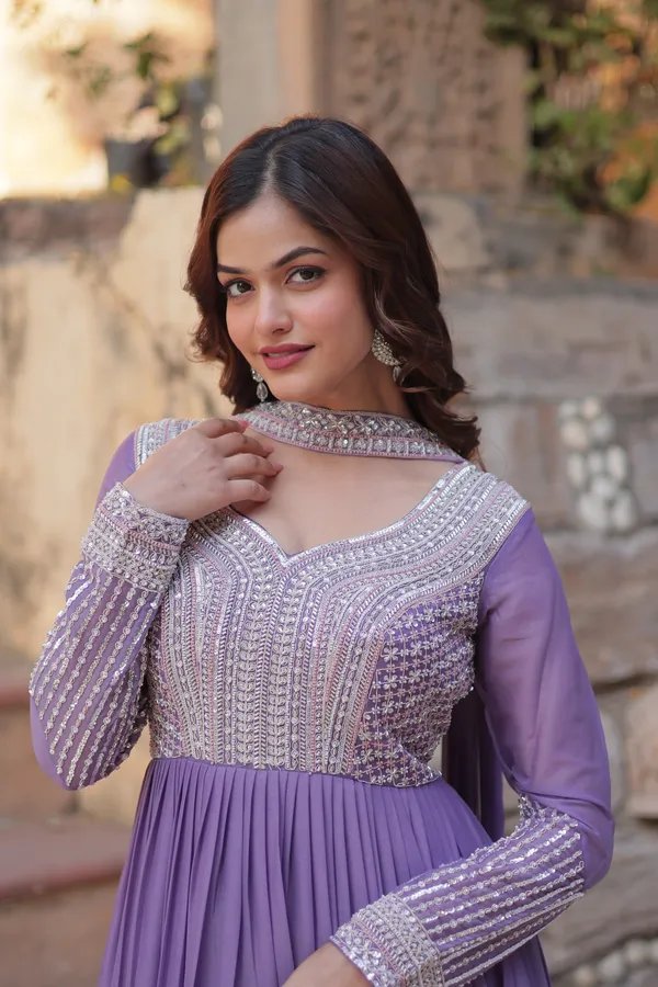 Purple_Star_Georgette_Beads_&_Sequins_Embroidered_Flared_Gown_With_Matching_Dupatta_For_Women