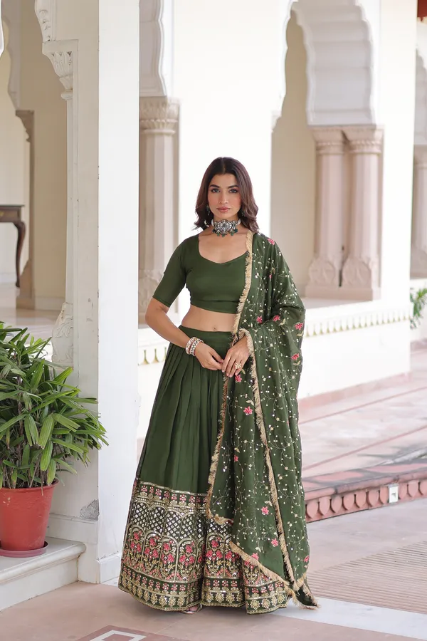 Rifle_Green_Vichitra_Silk_Sequins_Embroidered_Lehenga_With_Designer_Dupatta_For_Women