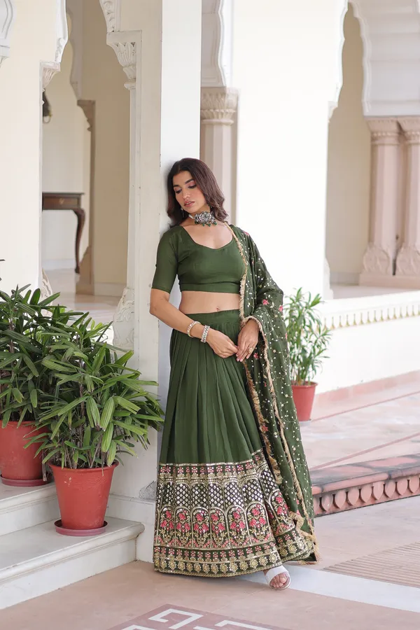 Rifle_Green_Vichitra_Silk_Sequins_Embroidered_Lehenga_With_Designer_Dupatta_For_Women