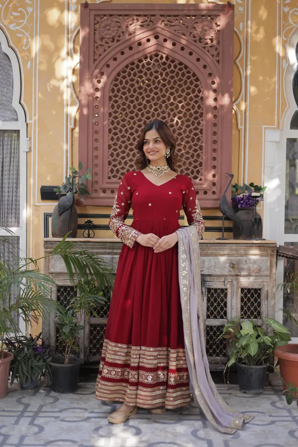 Wine_Red_Stylish_Faux_Blooming_Fancy_V-Neck_Gown_With_Sequins_Work_&_Georgette_Dupatta_For_Women