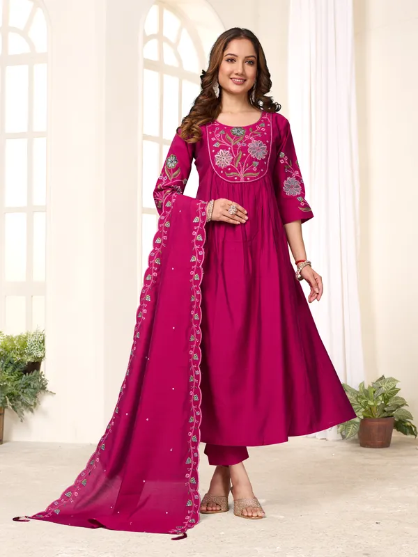 Elegant_Anarkali_Kurti_Pant_Dupatta_Set_Viscose_Roman_Cotton_with_Heavy_Embroidery,_Hand_Work_&_Chanderi_Cotton_Dupatta