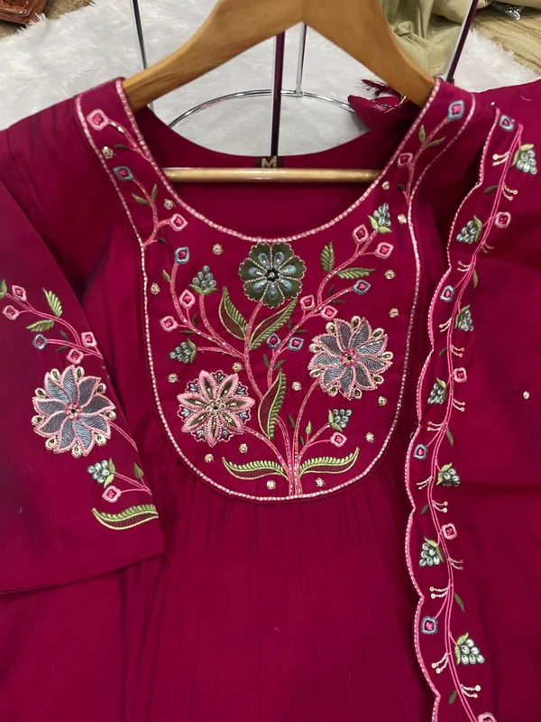 Elegant_Anarkali_Kurti_Pant_Dupatta_Set_Viscose_Roman_Cotton_with_Heavy_Embroidery,_Hand_Work_&_Chanderi_Cotton_Dupatta