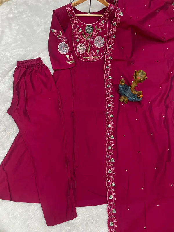 Elegant_Anarkali_Kurti_Pant_Dupatta_Set_Viscose_Roman_Cotton_with_Heavy_Embroidery,_Hand_Work_&_Chanderi_Cotton_Dupatta