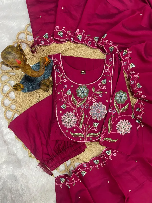 Elegant_Anarkali_Kurti_Pant_Dupatta_Set_Viscose_Roman_Cotton_with_Heavy_Embroidery,_Hand_Work_&_Chanderi_Cotton_Dupatta