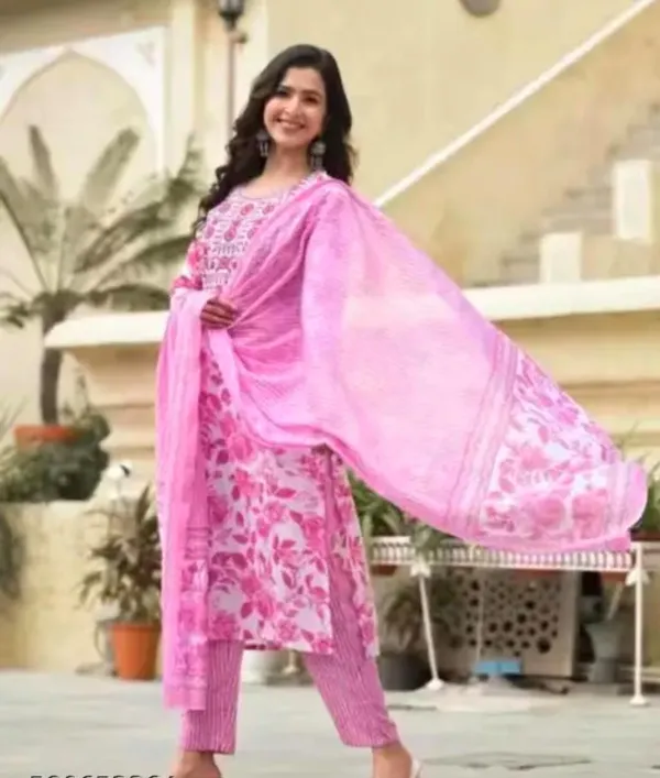 Women's_Embroidery_Pink_Floral_Printed_Kurta_Pant_With_Dupatta