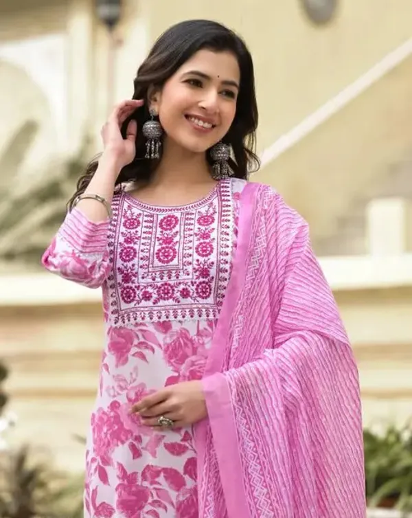 Women's_Embroidery_Pink_Floral_Printed_Kurta_Pant_With_Dupatta