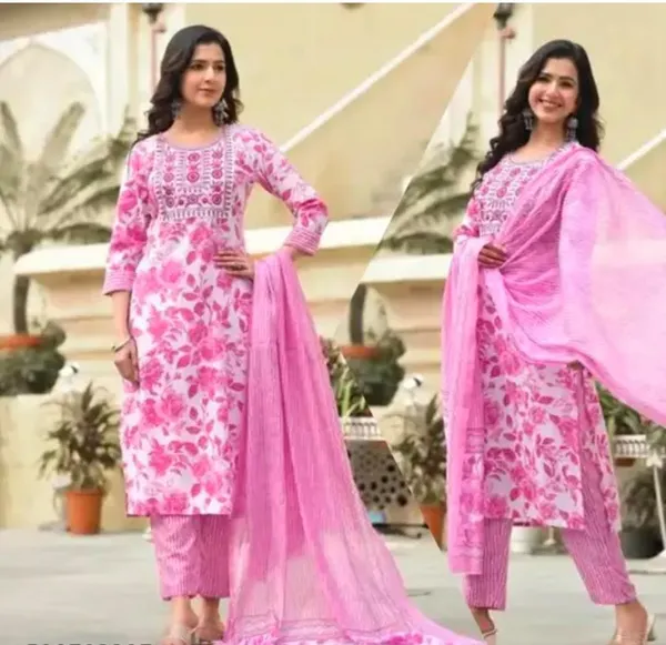 Women's_Embroidery_Pink_Floral_Printed_Kurta_Pant_With_Dupatta
