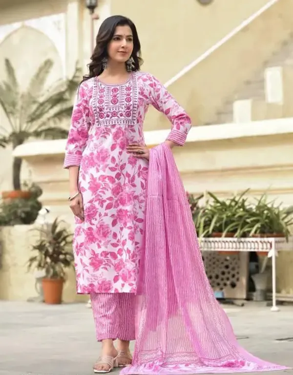 Women's_Embroidery_Pink_Floral_Printed_Kurta_Pant_With_Dupatta