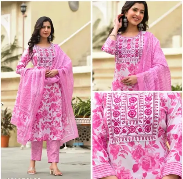 Women's_Embroidery_Pink_Floral_Printed_Kurta_Pant_With_Dupatta