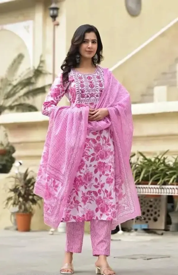 Women's_Embroidery_Pink_Floral_Printed_Kurta_Pant_With_Dupatta