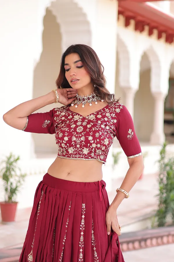 Red_Heavy_Vichitra_Silk_Thread_&_Sequins_Lehenga_With_Embroidered_Dupatta_For_Women