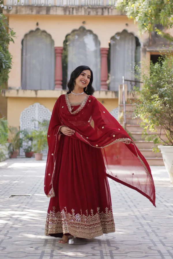 Maroon_Graceful_Faux_Blooming_Full-Sleeve_Gown_With_Zari_Sequins_Work_&_Dupatta_For_Women