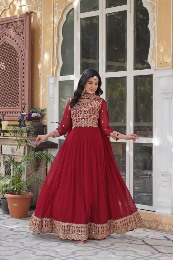 Maroon_Faux_Blooming_With_Embroidery_Zari_Sequins-Work_For_Women