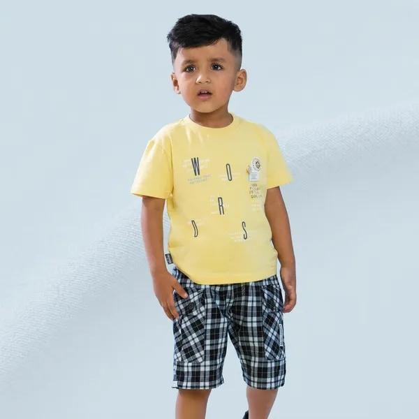 Yellow_And_Black_Cotton_Graphic_Printed_Crew_Neck_T-Shirt_And_Checkered_Shorts_Set_For_Boys