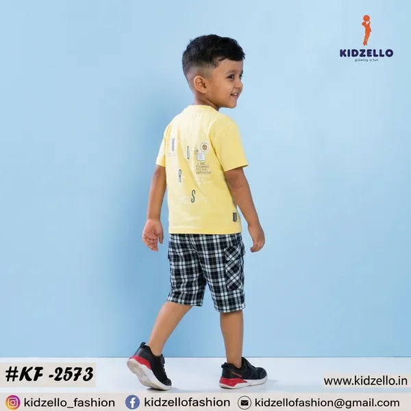 Yellow_And_Black_Cotton_Graphic_Printed_Crew_Neck_T-Shirt_And_Checkered_Shorts_Set_For_Boys