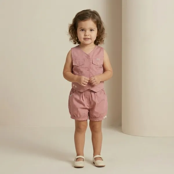 Pink_Cotton_Sleeveless_Button-Up_Vest_And_Shorts_Set_For_Girls