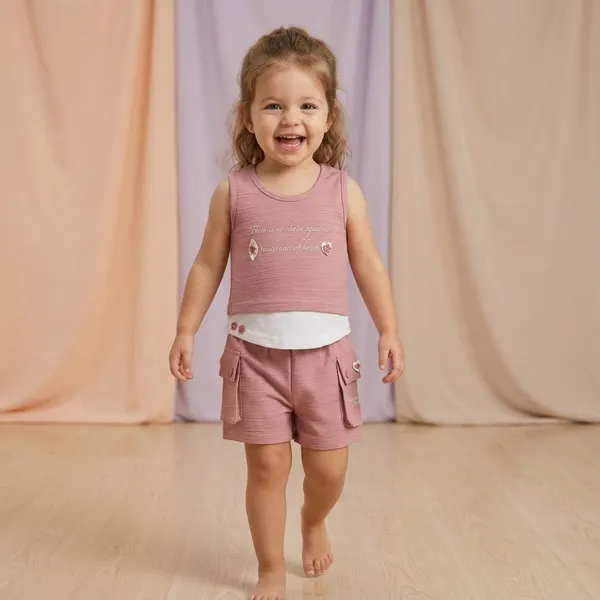 Pink_Cotton_Relaxed_Sleeveless_Top_And_Cargo_Shorts_Set_For_Girls