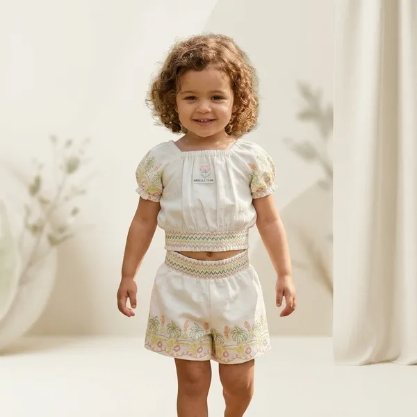 White_Cotton_Embroidered_Smocked_Top_And_Shorts_Set_For_Girls