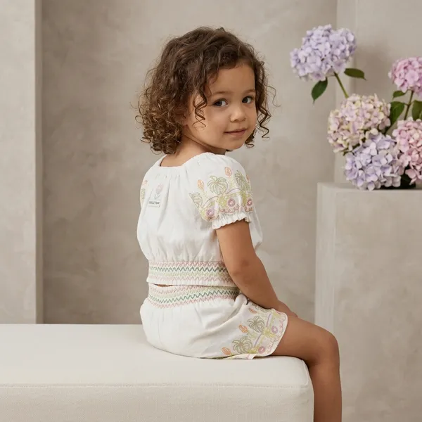 White_Cotton_Embroidered_Smocked_Top_And_Shorts_Set_For_Girls