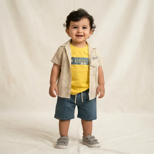 Beige_And_Yellow_Cotton_Checked_Shirt_T-Shirt_And_Shorts_Set_For_Boys