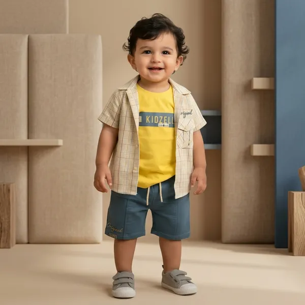 Beige_And_Yellow_Cotton_Checked_Shirt_T-Shirt_And_Shorts_Set_For_Boys