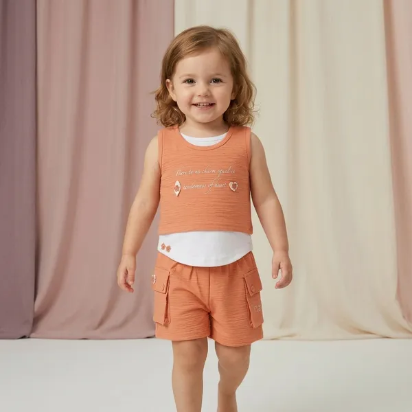 Orange_And_White_Cotton_Relaxed_Tank_Top_And_Cargo_Shorts_Set_For_Girls
