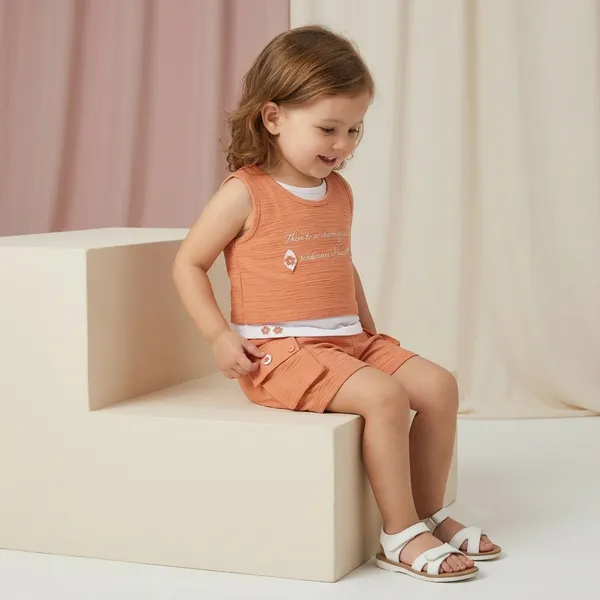 Orange_And_White_Cotton_Relaxed_Tank_Top_And_Cargo_Shorts_Set_For_Girls