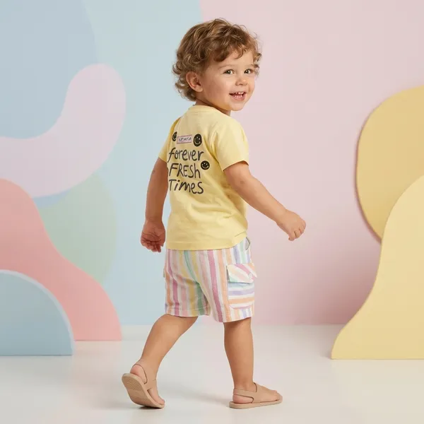 Yellow_Cotton_Graphic_Print_T-Shirt_And_Striped_Shorts_Set_For_Boys
