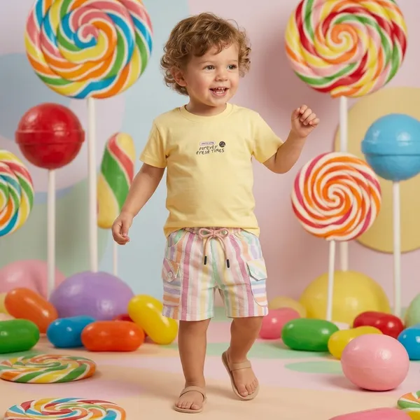 Yellow_Cotton_Graphic_Print_T-Shirt_And_Striped_Shorts_Set_For_Boys