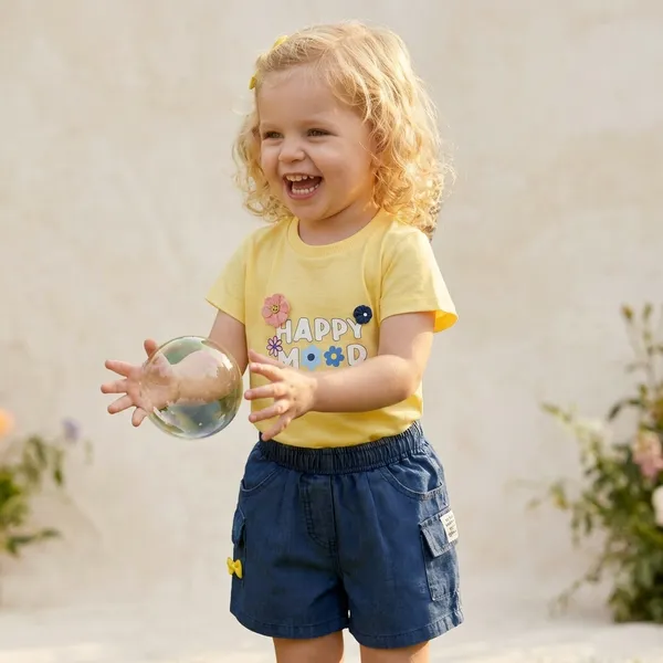 Yellow_And_Blue_Cotton_Graphic_Print_T-Shirt_And_Shorts_Set_For_Girls