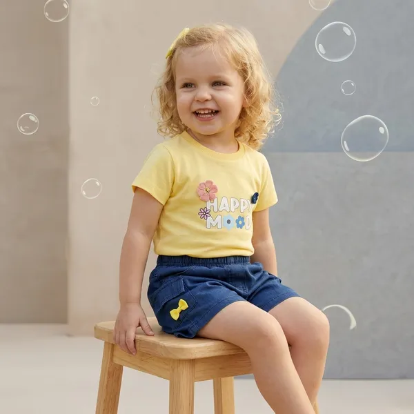 Yellow_And_Blue_Cotton_Graphic_Print_T-Shirt_And_Shorts_Set_For_Girls