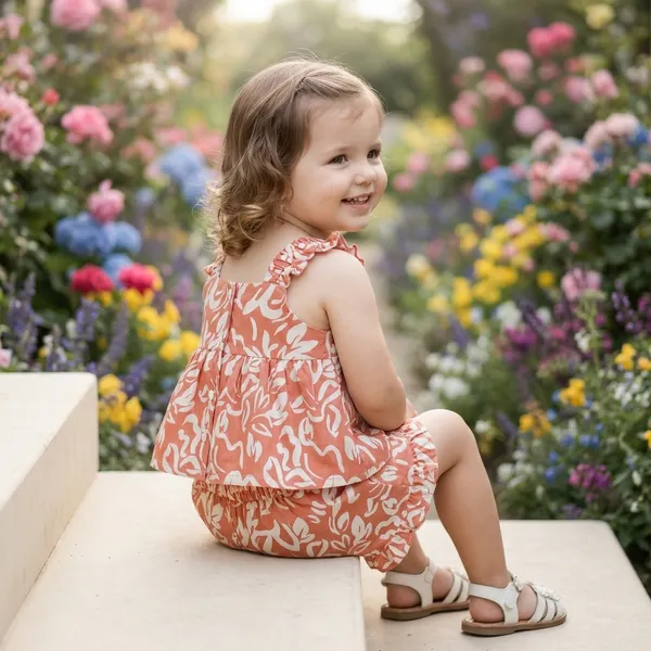 Coral_Cotton_Floral_Print_Peplum_Top_And_Shorts_Set_For_Girls