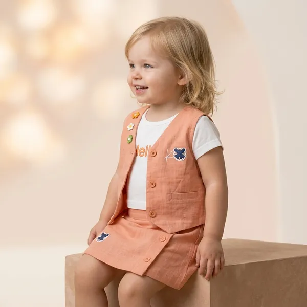 Peach_And_White_Cotton_Sleeveless_Vest_And_Skirt_Set_For_Girls