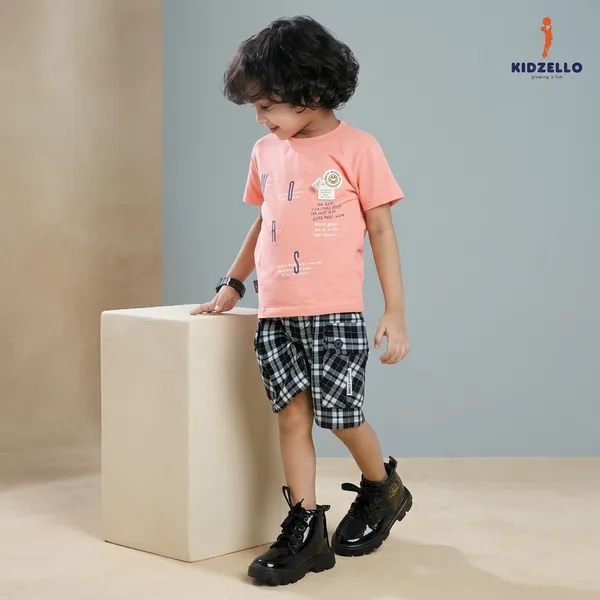Peach_And_Black_Cotton_Graphic_Print_Crew_Neck_T-Shirt_And_Shorts_Set_For_Boys