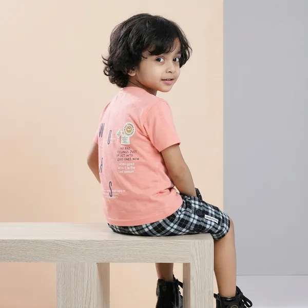 Peach_And_Black_Cotton_Graphic_Print_Crew_Neck_T-Shirt_And_Shorts_Set_For_Boys