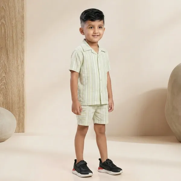 Green_Cotton_Striped_Short_Sleeve_Shirt_And_Shorts_Set_For_Boys