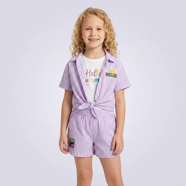 Purple_Cotton_Striped_Tie-Front_Shirt_And_Shorts_Set_For_Girls