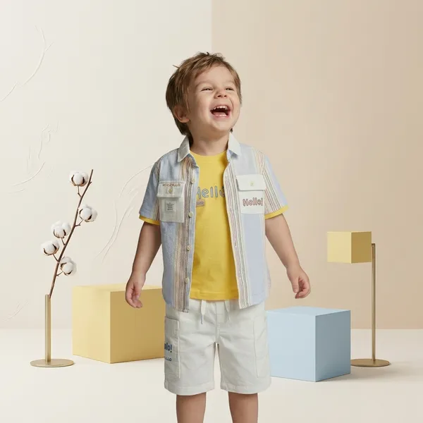 White_And_Yellow_Cotton_Striped_Shirt_And_Short_Set_For_Boys