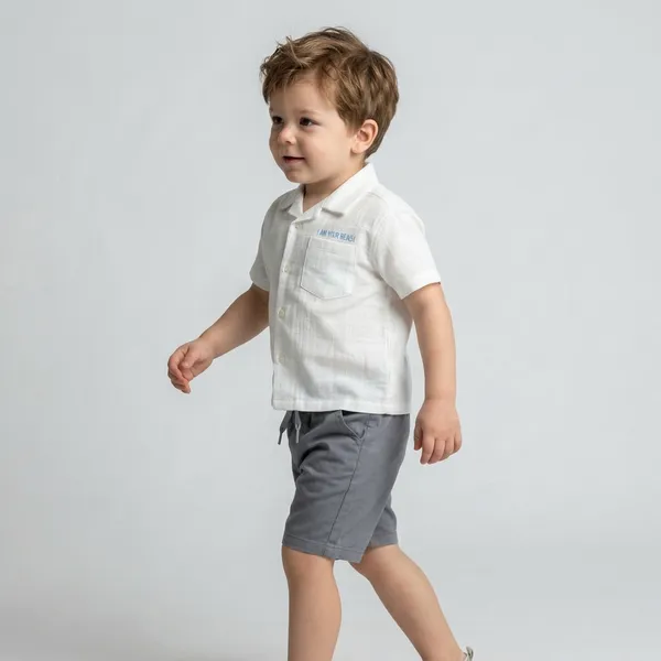White_And_Grey_Muslin_Relaxed_Shirt_And_Shorts_Set_For_Boys