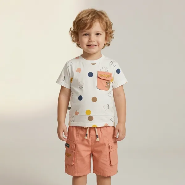 White_And_Peach_Cotton_Printed_T-Shirt_And_Cargo_Shorts_Set_For_Boys