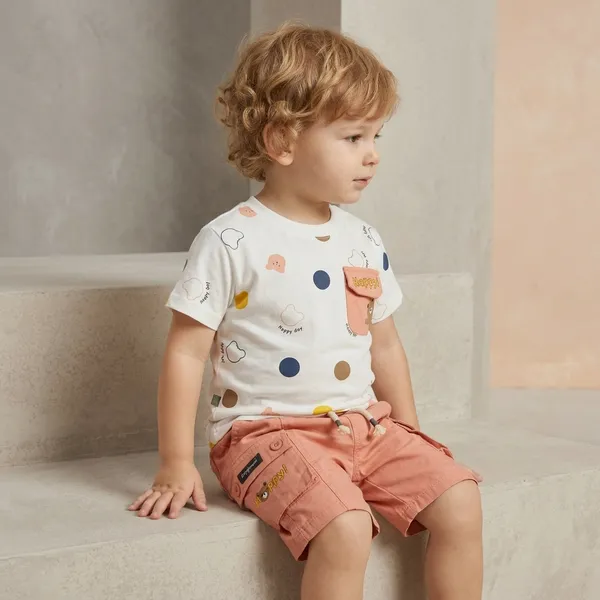 White_And_Peach_Cotton_Printed_T-Shirt_And_Cargo_Shorts_Set_For_Boys