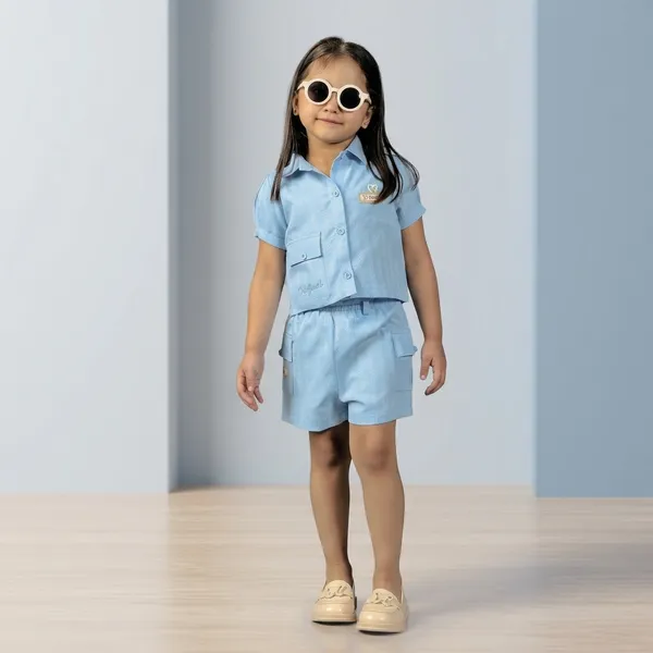 Sky_Blue_Cotton_Relaxed_Collared_Shirt_And_Shorts_Set_For_Girls