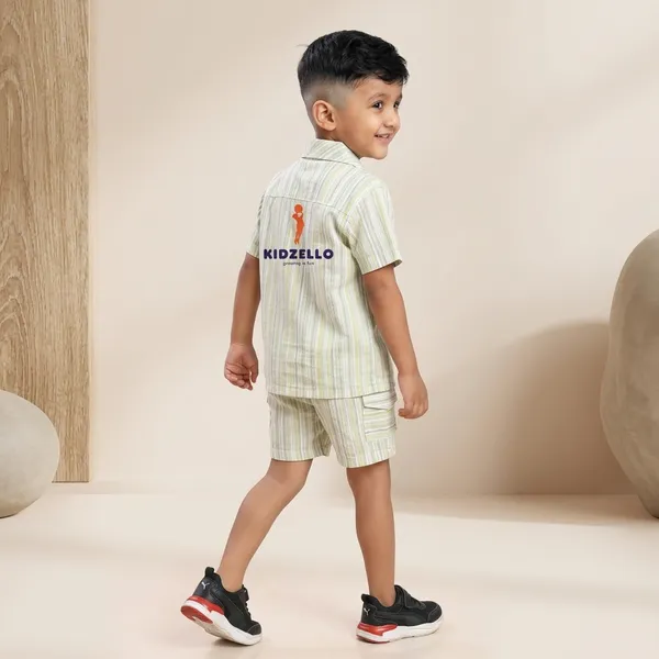 Green_Cotton_Striped_Short_Sleeve_Shirt_And_Shorts_Set_For_Boys