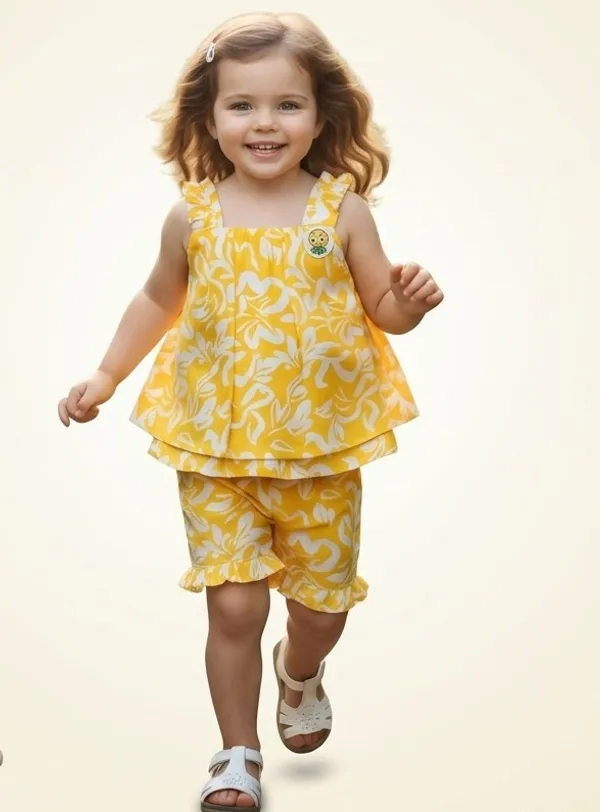 Yellow_Cotton_Relaxed_Floral_Print_Top_And_Shorts_Set_For_Girls