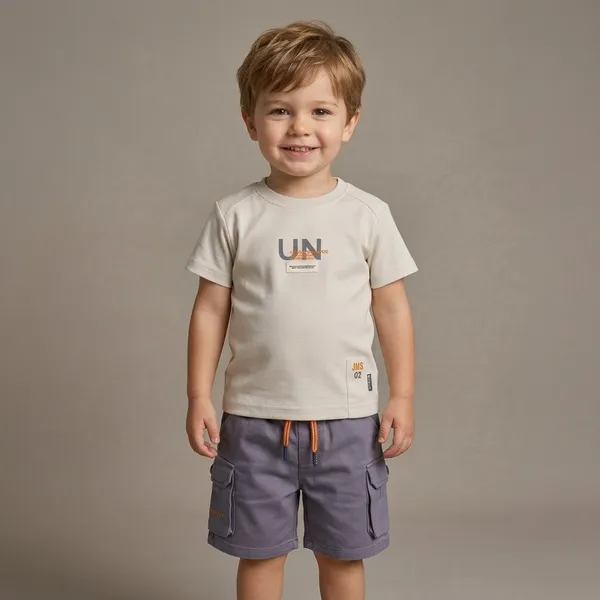 Beige_And_Grey_Cotton_Graphic_Print_T-Shirt_And_Cargo_Shorts_Set_For_Boys