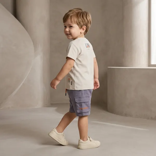 Beige_And_Grey_Cotton_Graphic_Print_T-Shirt_And_Cargo_Shorts_Set_For_Boys