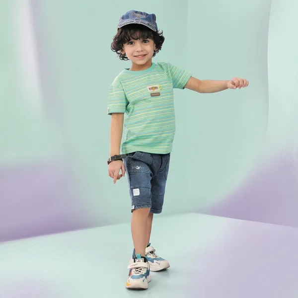 Green_And_Denim_Blue_Cotton_Striped_Casual_T-Shirt_And_Shorts_Set_For_Boys