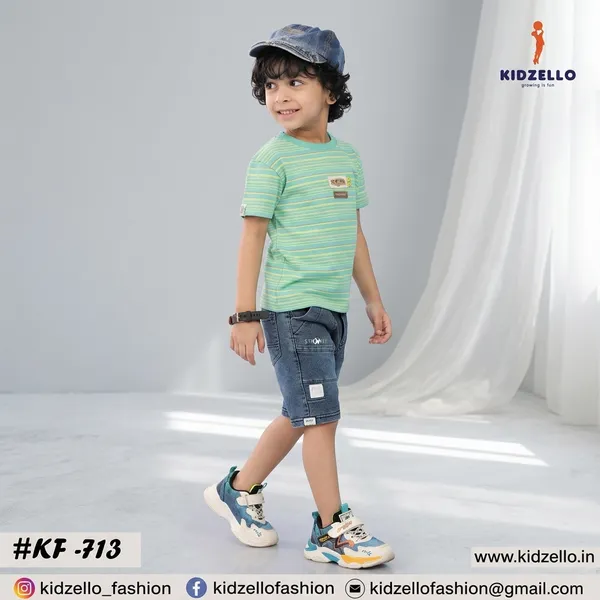 Green_And_Denim_Blue_Cotton_Striped_Casual_T-Shirt_And_Shorts_Set_For_Boys