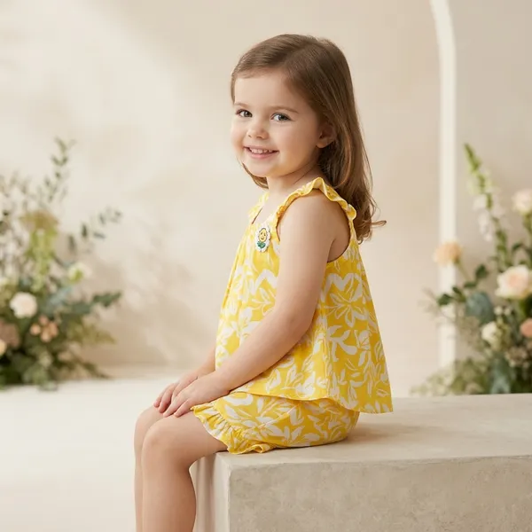 Yellow_Cotton_Relaxed_Floral_Print_Top_And_Shorts_Set_For_Girls