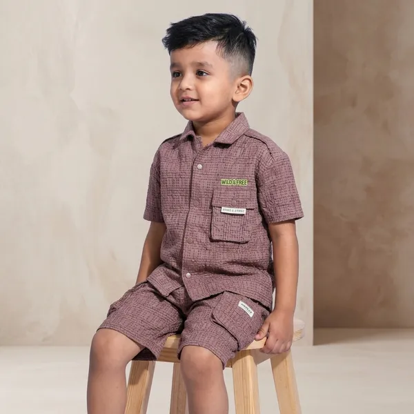 Mauve_Cotton_Textured_Safari_Shirt_And_Shorts_Set_For_Boys